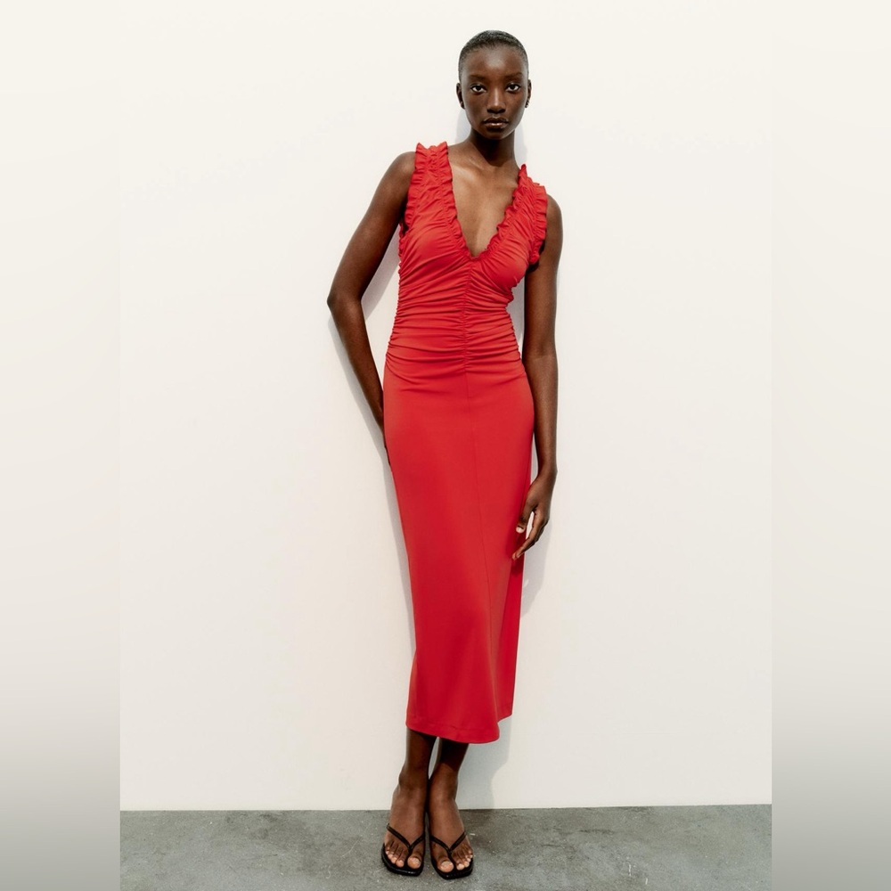 Zara Women’s Midi Dress w/ Ruffles in Red, Size XS